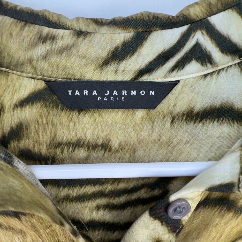 TARA JARMON Designer Beige Takki Zebra Tiger Print Button-Up Maximalist Top sz M - Picture 5 of 10